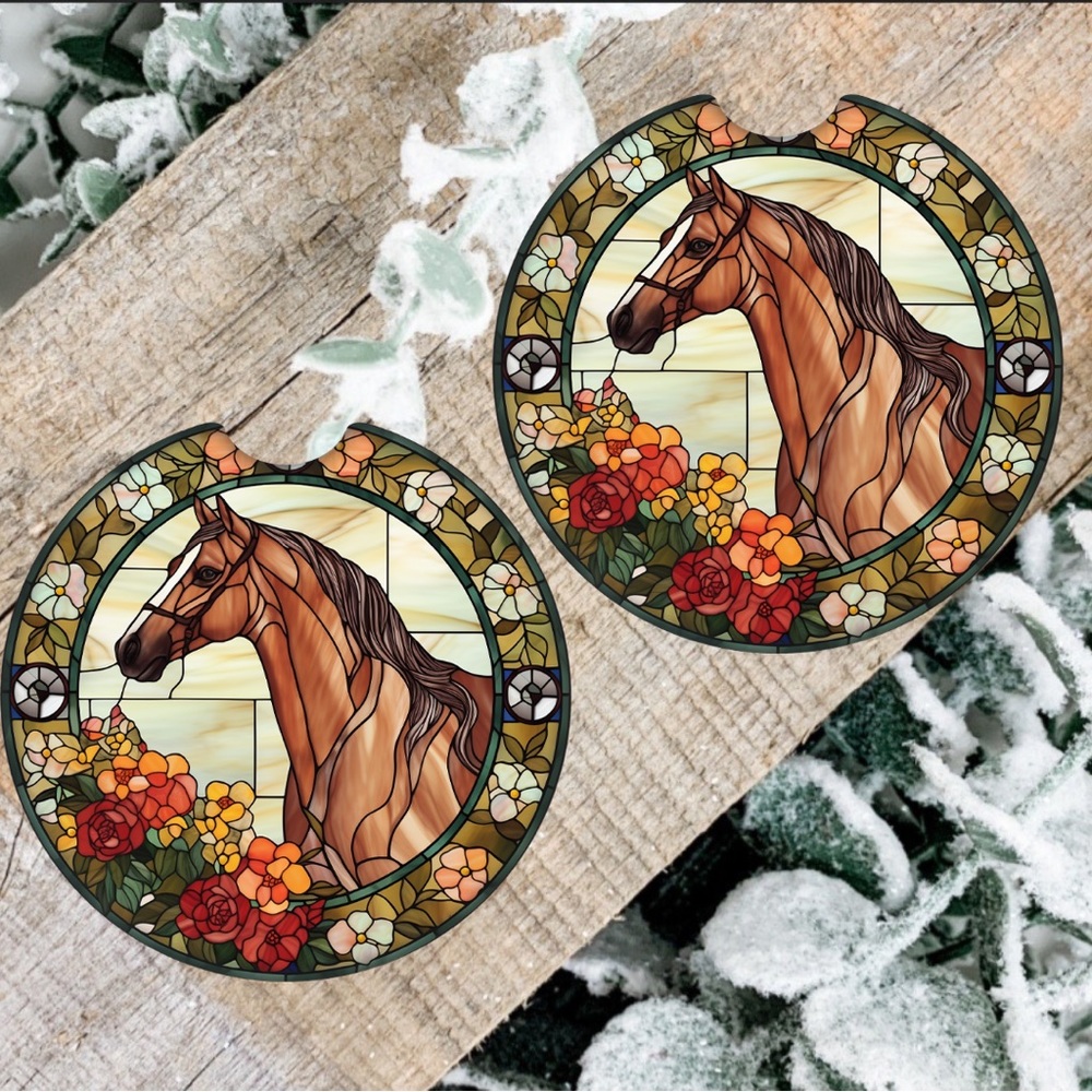 Handmade Floral Horse Car Coasters | New Set Of Two Car Coasters